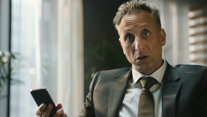Fototapeta premium Shocked businessman receiving unexpected news on smartphone, office backdrop.