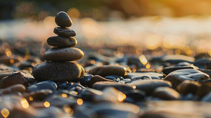 Zen-like stones stacked in balance against a backdrop of glittering river pebbles at sunset.