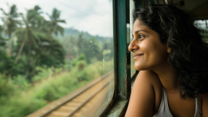 A serene traveler gazes out a train window, lost in the lush landscape speeding by.