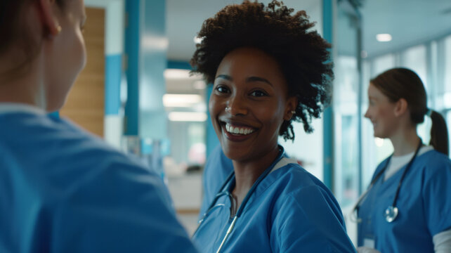 Exuberant healthcare worker shares a joyful moment with a colleague, embodying workplace positivity.