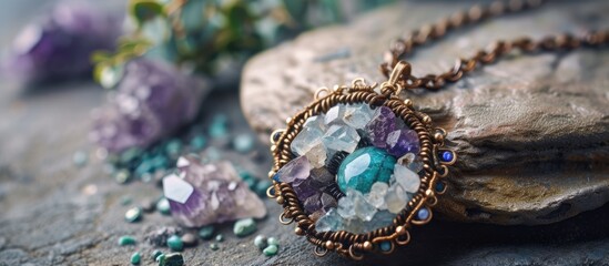 A close-up view of a handmade gemstone necklace featuring a distinct crystal design placed on a rock. The necklace gleams under natural light, showcasing its intricate craftsmanship and unique beauty.