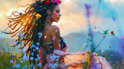 A dreamy and ethereal photo of a woman in a flowing maxi skirt braided hair adorned with flowers and dangling earrings embodying the whimsical and romantic vibes commonly