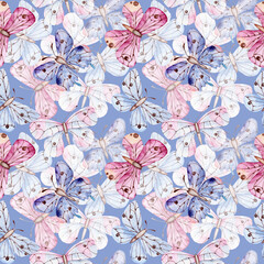 Blue butterflies watercolor seamless pattern. Butterflies print. Moths, insects. Blue and purple colors. Spring, summer. Butterflies background. For printing on textiles, fabric, paper, plastic