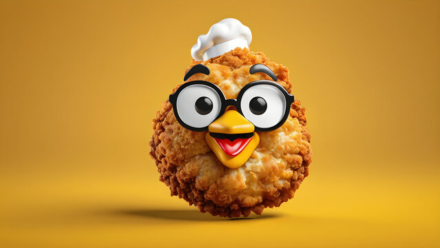 a food fried chicken emoji on yellow background.cute, adorable, and joyful. cartoon illustration. trendy style. banner advertising concept. ready to eat.  fried chicken cartoon. 
