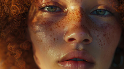 Close-up of a woman with fiery curls and freckles, her gaze holding a world of stories.
