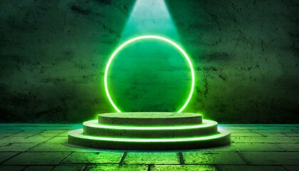 Green neon light product background stage or podium pedestal on grunge street floor with glow spotlight and blank display platform