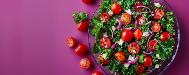 Fototapeta na wymiar Crisp kale salad with cherry tomatoes and feta cheese on a modern glass plate against a deep purple background Top view space to copy.