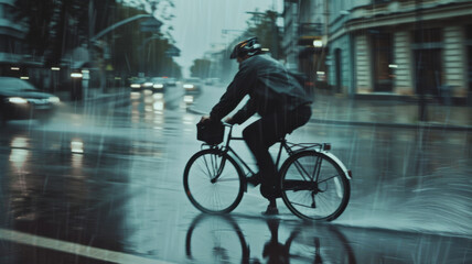 A lone cyclist braves a rain-soaked city street, streaks of water painting his journey.