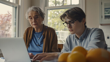 An elderly woman and a young man share a moment of learning and guidance on a laptop.