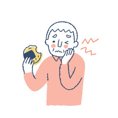せんべいを食べて歯の痛みを感じるシニア男性