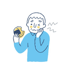 せんべいを食べて歯の痛みを感じるシニア男性