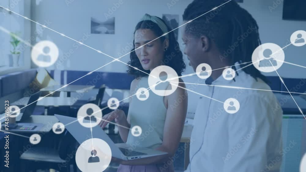 Poster animation of data processing and diagrams over diverse colleagues discussing work
