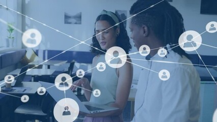 Animation of data processing and diagrams over diverse colleagues discussing work