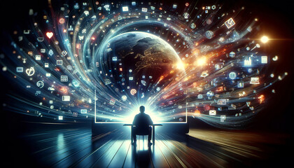 A concept of a person internet surfing, enveloped by a futuristic vortex of digital data and social media symbols circling around Earth, AI generated.