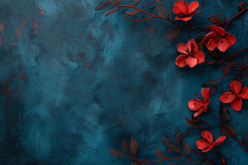 Garnet or wine red flowers bunch wallpaper or blue textured background with copy space for text....