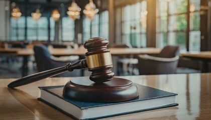 Judge's gavel lying on a book or penal code on the background of the courtroom, law and justice theme, close view 