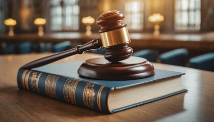 Judge's gavel lying on a book or penal code on the background of the courtroom, law and justice theme, close view 