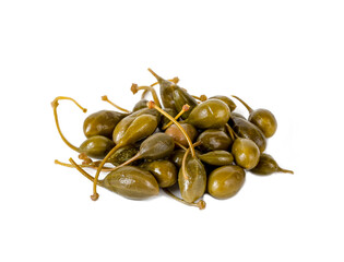 Capers (Capparis spinosa), edible flower buds pile isolated on white background