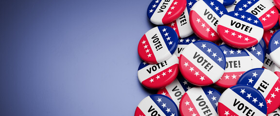 Badges with the text "Vote!" and white stars on blue and red background on a heap on a table. Concept for US Elections, Presidents Election