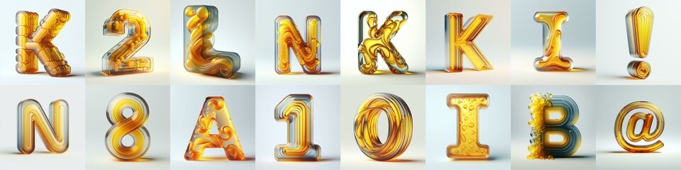 Yellow glass 3D Lettering Typeface. AI generated illustration