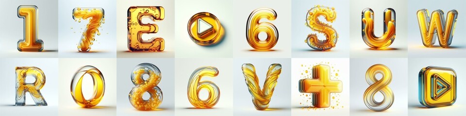Yellow glass 3D Lettering Typeface. AI generated illustration