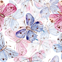 Butterflies watercolor seamless pattern. Butterflies print. Moths, insects. Blue and purple colors. Spring, summer. Butterflies background. Vintage. For printing on textiles, fabric, paper, plastic