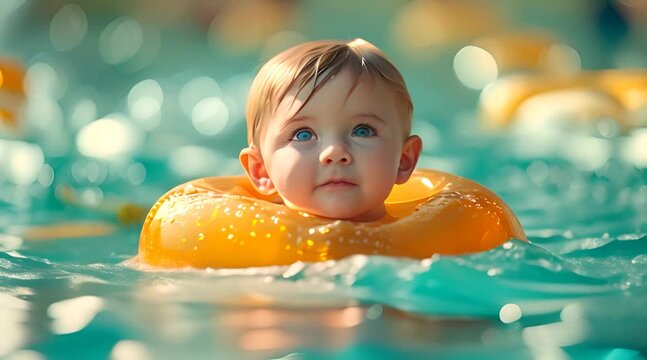 Baby floating wearing a donut. Baby enjoying in the jacuzzi. Spa for babies. Hydrotherapy session for children. Baby swimming. Baby float. Popular activity massage for babies  video