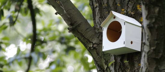A homemade birdhouse fashioned from a milk carton hangs from a tree in a dense forest setting. The bird feeder provides a safe and sheltered spot for birds to feed and rest. - obrazy, fototapety, plakaty