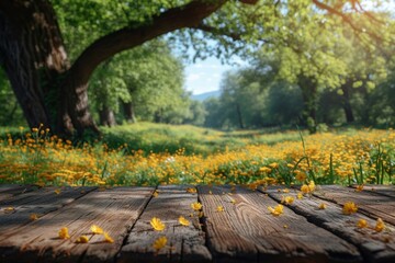 Naklejka na ściany i meble Rustic Wooden Empty Weathered Floor Surface in a Field of Yellow Wildflowers in Forest Clearing Glade Meadow View Rural Background For Product Placement