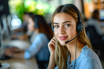 Woman Working With Headset at Computer