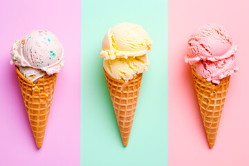 Three Ice Cream Cones on Pastel Background
