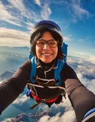 Old woman taking selfie shot while sky diving 