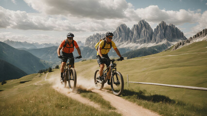 Fototapeta premium A man and a woman on mountain bikes racing along trail in the Dolomites, Val Gardena, Italy