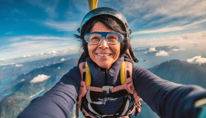 Old woman taking selfie shot while sky diving 
