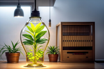 Verde Luminoso- Lampadina Brillante Accanto a Foglie e Piante per Risparmiare sull'energia e Consumare in Modo Sostenibile