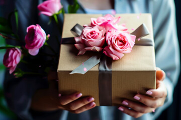 Naklejka na ściany i meble Woman Holding Brown Box With Pink Roses