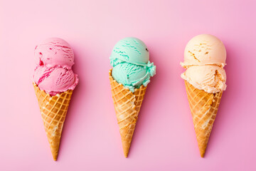 Three Ice Cream Cones on Pink Background