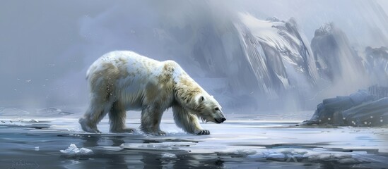 A polar bear is seen walking across a body of water, its massive paws breaking through the thin ice...