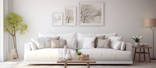 A modern living room featuring a white couch and a sleek coffee table, embodying Scandinavian interior design. The room is elegantly styled with minimalist decor, creating a chic and inviting space.