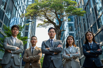 Fototapeta premium A diverse business team of five individuals stands confidently with crossed arms in front of a corporate building with a tree