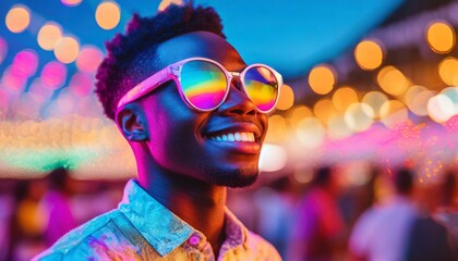 Man wearing oversized sunglasses in bright neon light colors at music festival