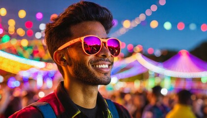Man wearing oversized sunglasses in bright neon light colors at music festival