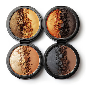 Polvos de sombra. mixtos, 2 tonos estuche individual redondo, muestran 4 variedades oscuros y claros marrones ,negros dorados, caldera miel beige, brillo natural, maquillaje profesional, fondo blanco