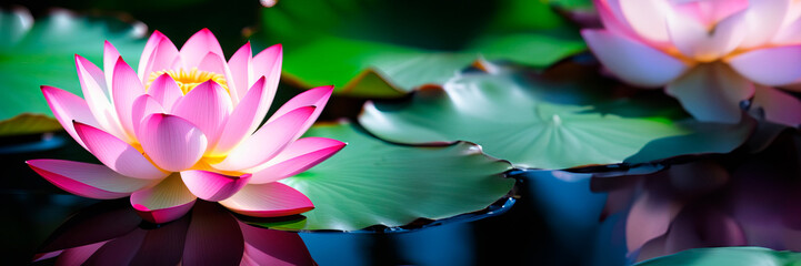 Close up soft focus of pink lotus flower are blooming in the dark background with light. Pink water lily or lotus flower Banner copy space. Flower landscape with copy space. Selective focus