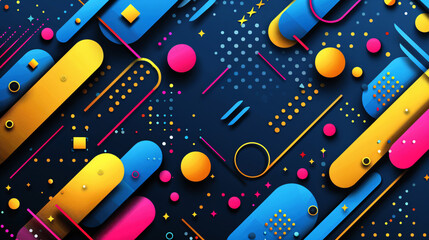 A vibrant, abstract design with colorful geometric shapes and lines on a dark background