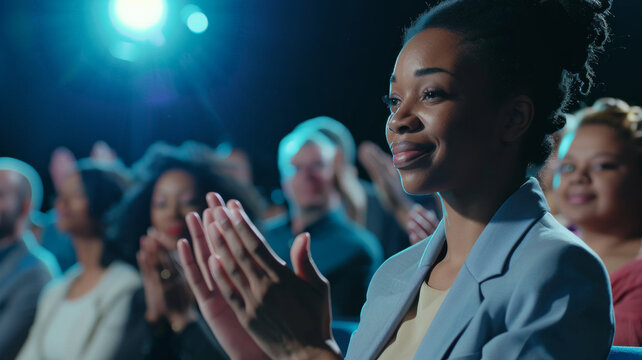 Confident woman applauding at a corporate event, engaging with the speaker.