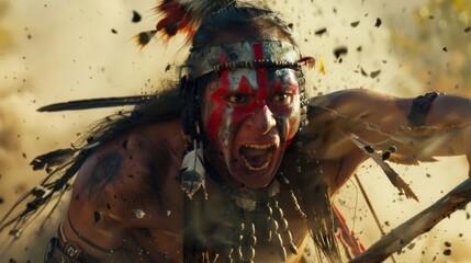 Covered in war paint and armed with a spiked club the Apache warrior charges fearlessly into battle his fierce cry echoing in the air.