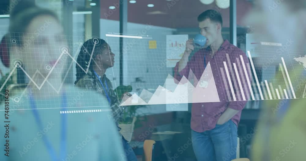 Poster animation of data processing and diagrams over diverse colleagues discussing work