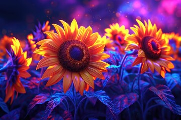 Dynamic image of a sunflower neon light shining vibrantly, injecting a burst of vivid colors and energy into the composition.