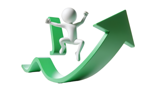 3D graphic of a figure climbing a growth chart for motivational design themes